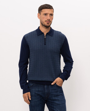 Stefano Ricci Blue wool, silk and cashmere polo shirt with a pattern KE04003P30E26360