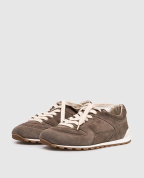 Brunello Cucinelli Brown suede sneakers with textured logo MZSFG3231