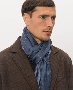 Stefano Ricci Blue silk and cashmere scarf with emblem MWA63000407442
