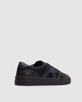 Santoni Blue leather sneakers with textured logo MBGT22221OCNTGEU