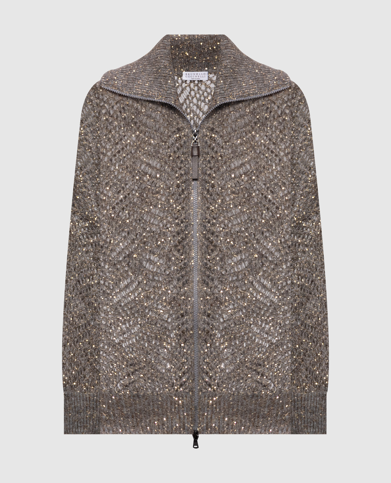 Gray openwork cardigan with sequined wool