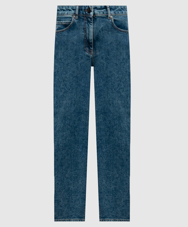 Pantalones vaqueros azules estilo mom jeans con parche del logo