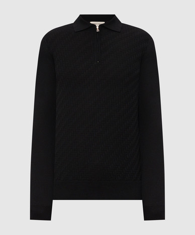 Black merino wool polo shirt with pattern
