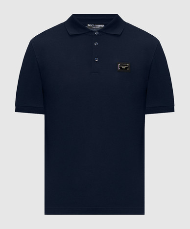 Blue wool polo shirt with logo patch