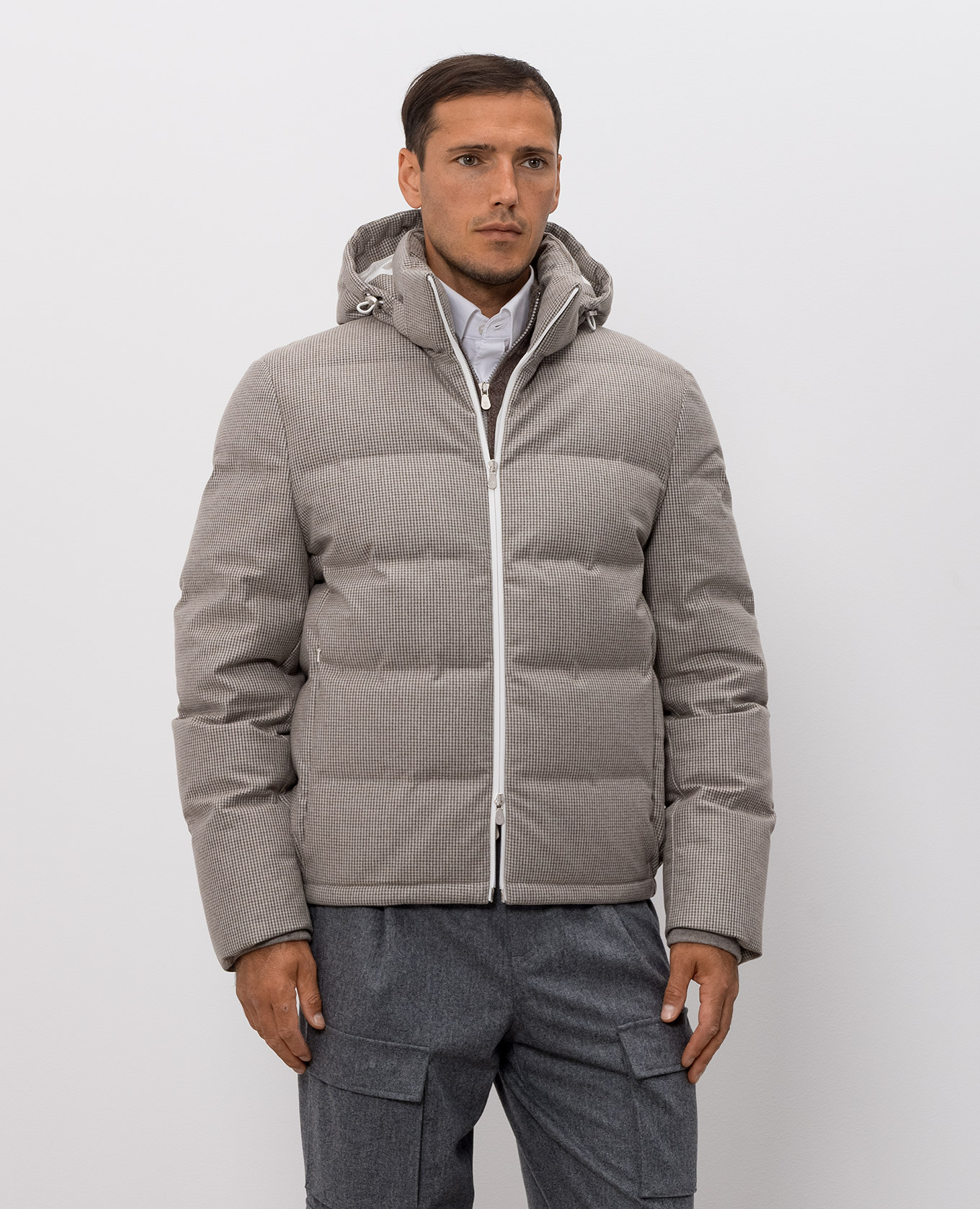 Gray cashmere and silk patterned down jacket Brunello Cucinelli 3