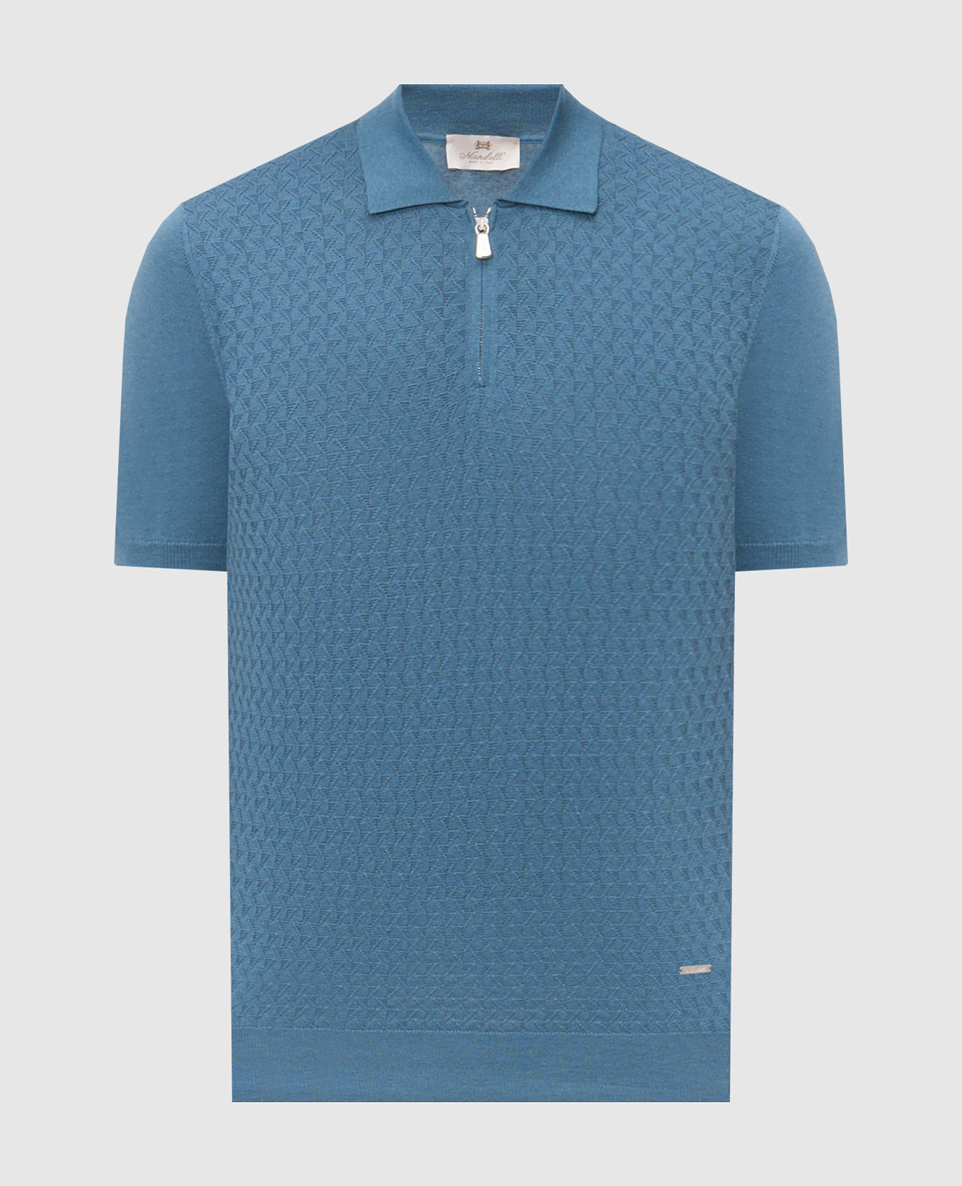 Blue silk polo with geometric pattern