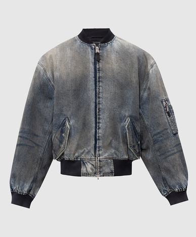Blue denim insulated bomber jacket with vintage effect