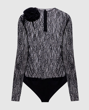 Nissa Black lace bodysuit with floral applique BODY16528