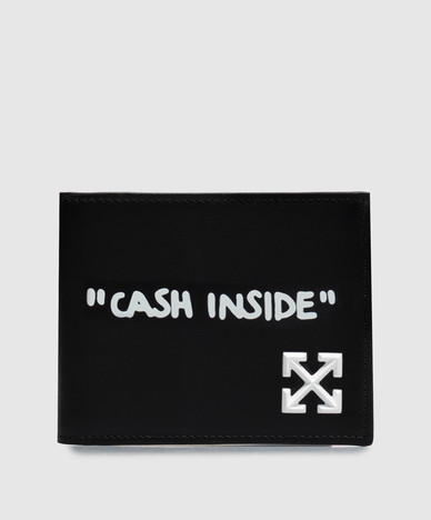 Black leather wallet with printed inscription