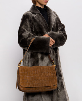 Twinset Liliane brown suede bag with crocodile embossed pattern 262TD8140