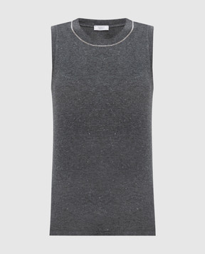 Peserico Gray ribbed tank top with monil chain A08700J002351