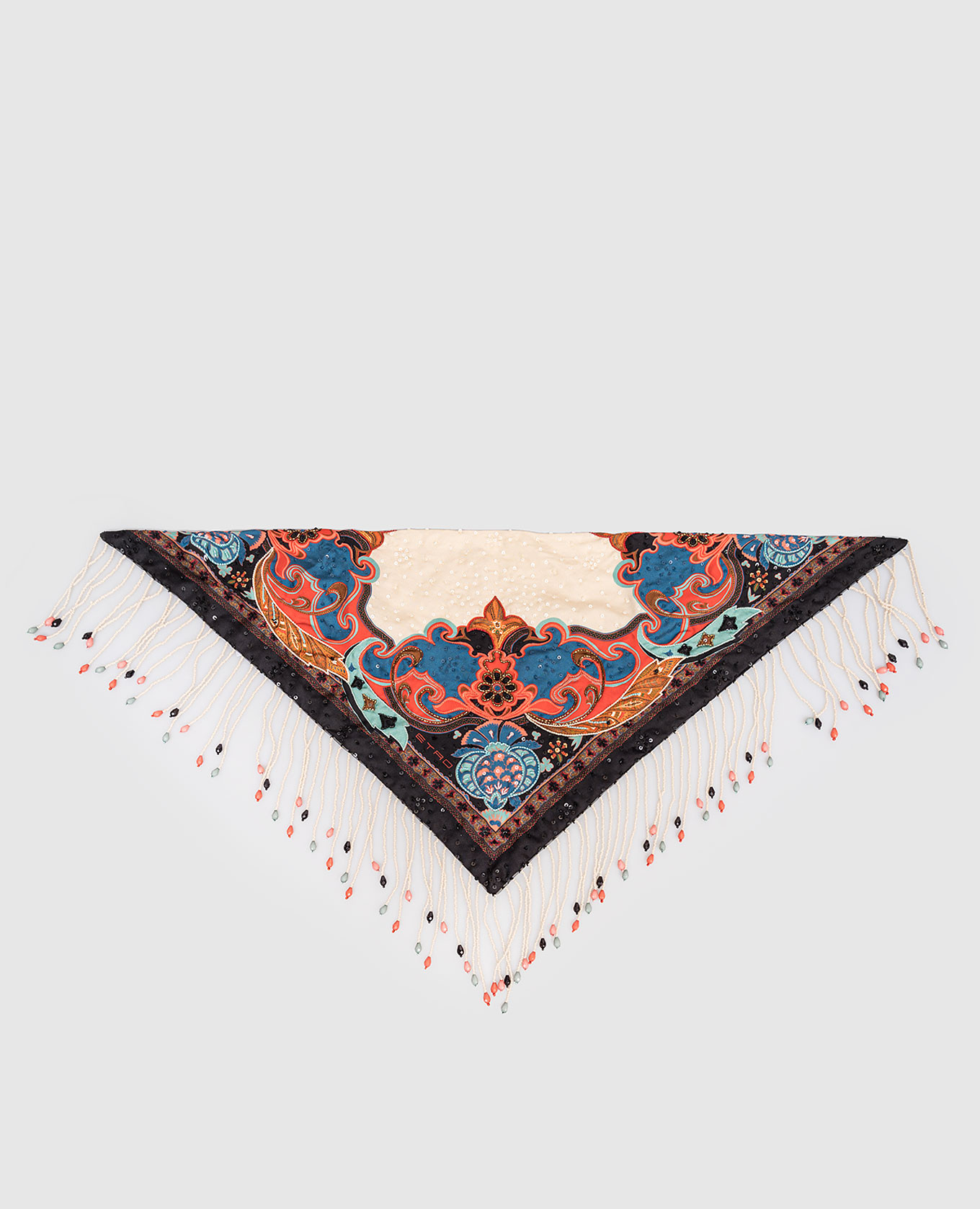 Beige silk scarf with fringe print