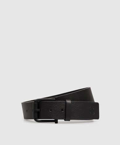Black leather belt with emblem
