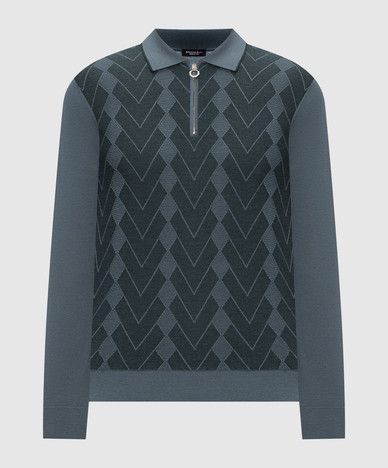 Groene poloshirt van wol en zijde met geometrisch patroon.