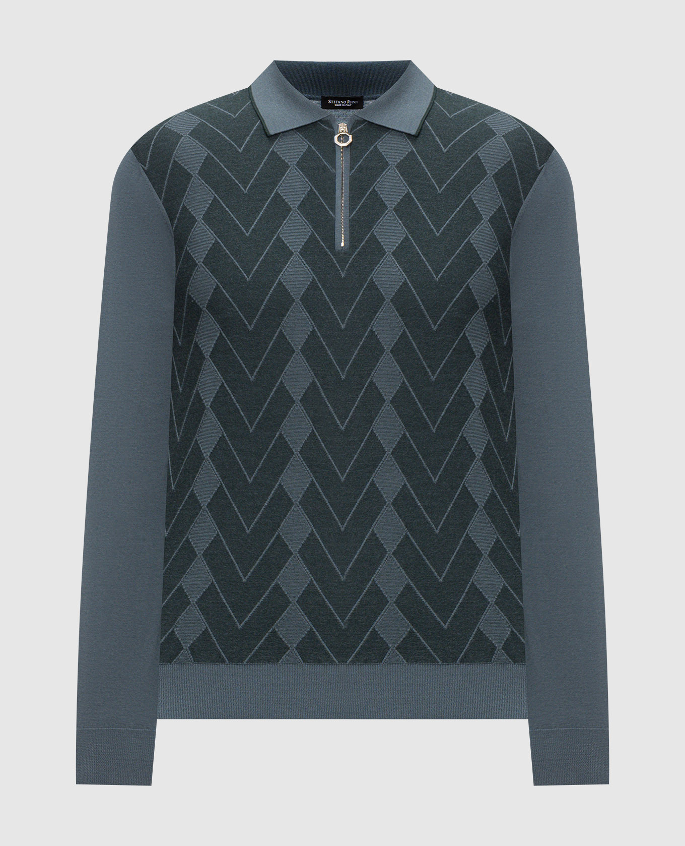 Green wool and silk polo shirt with geometric pattern
