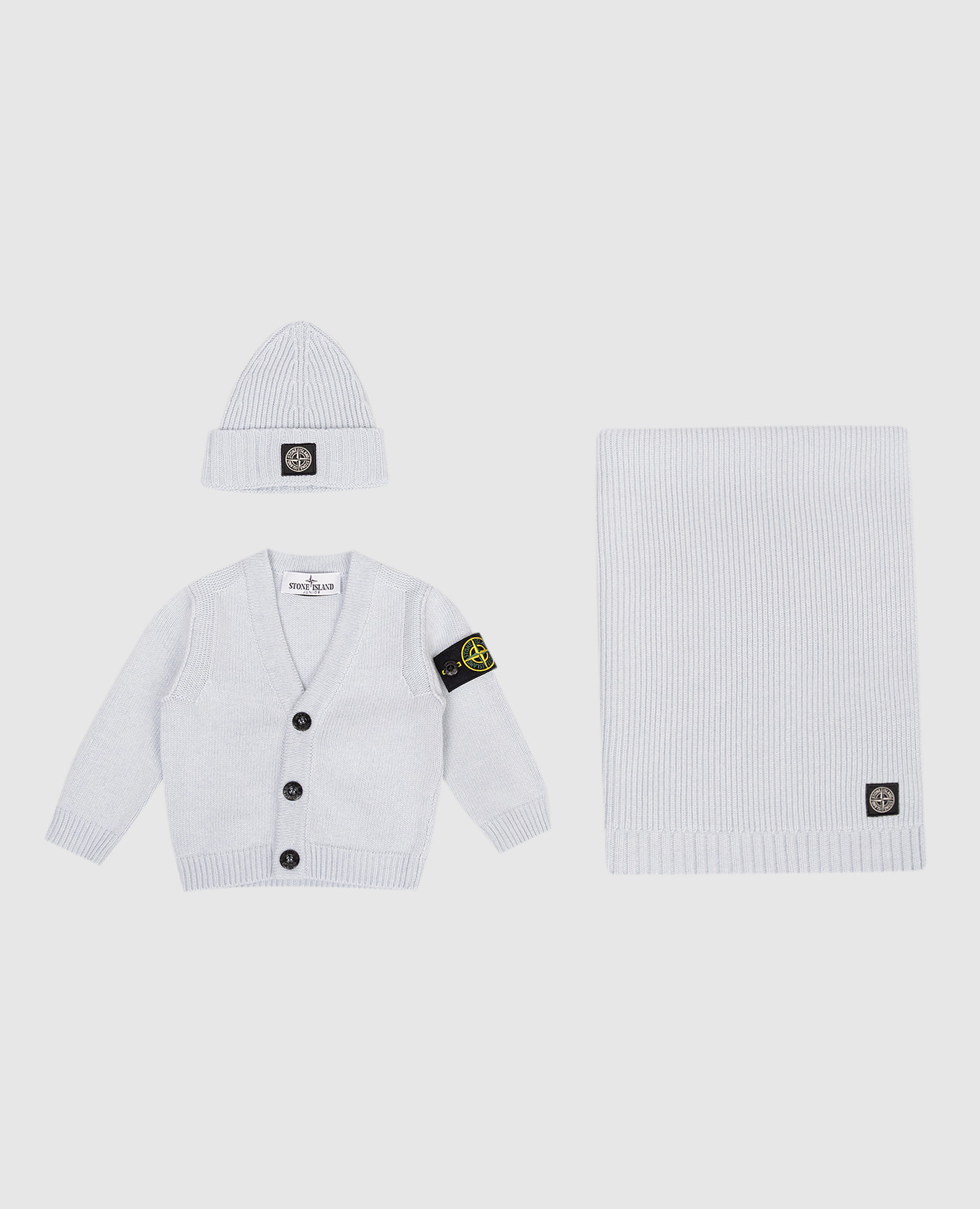 

Children's set of a blue cardigan, plaid and hat with a logo Stone Island, Light blue