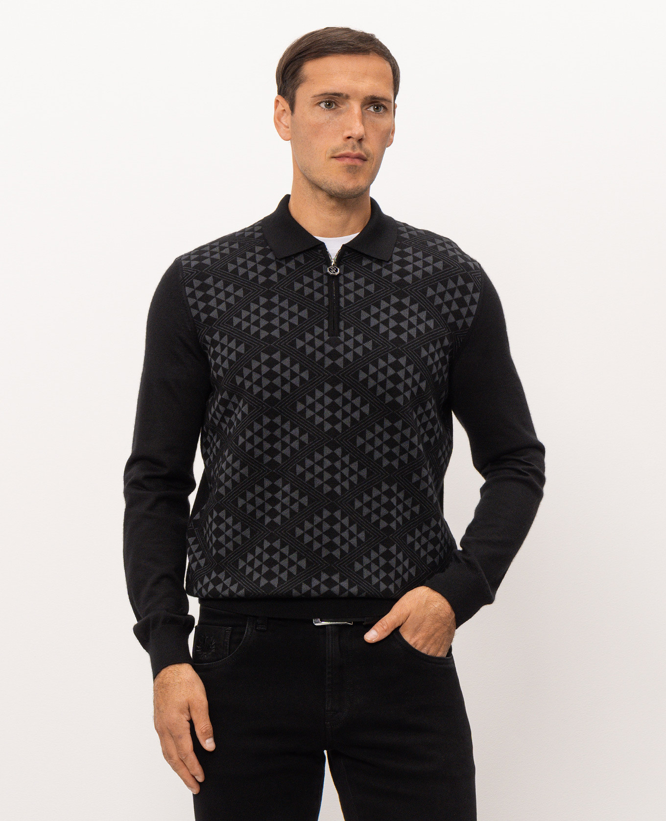 Black cashmere and silk polo shirt with geometric pattern Stefano Ricci 3