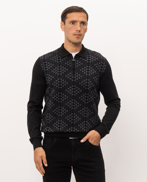 Stefano Ricci Black cashmere and silk polo shirt with geometric pattern K808113P30F26378