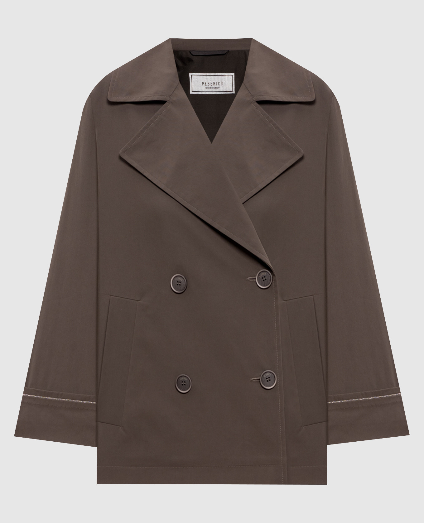 Brown cropped double-breasted trench coat with chain