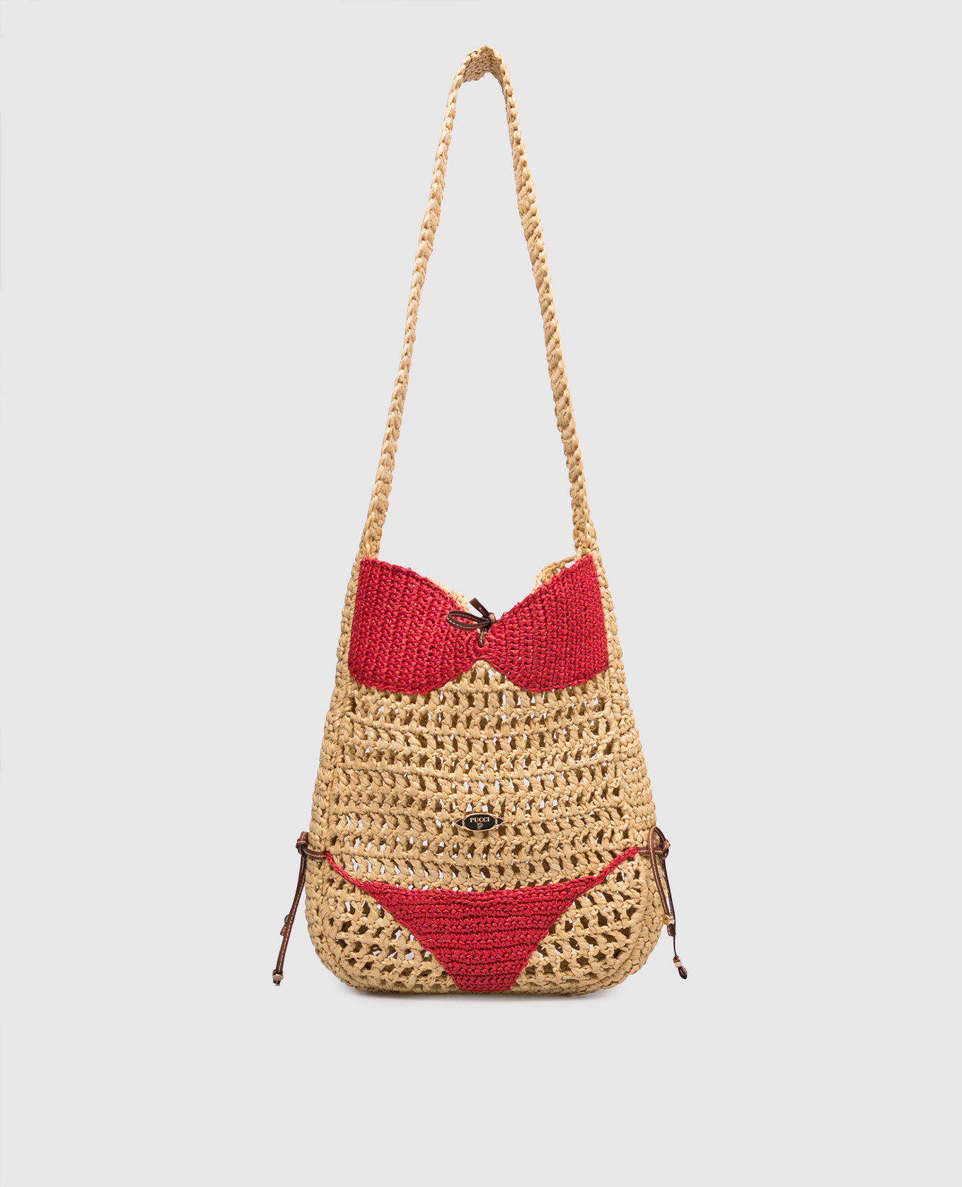 Beige Puccinella woven bag with logo plate