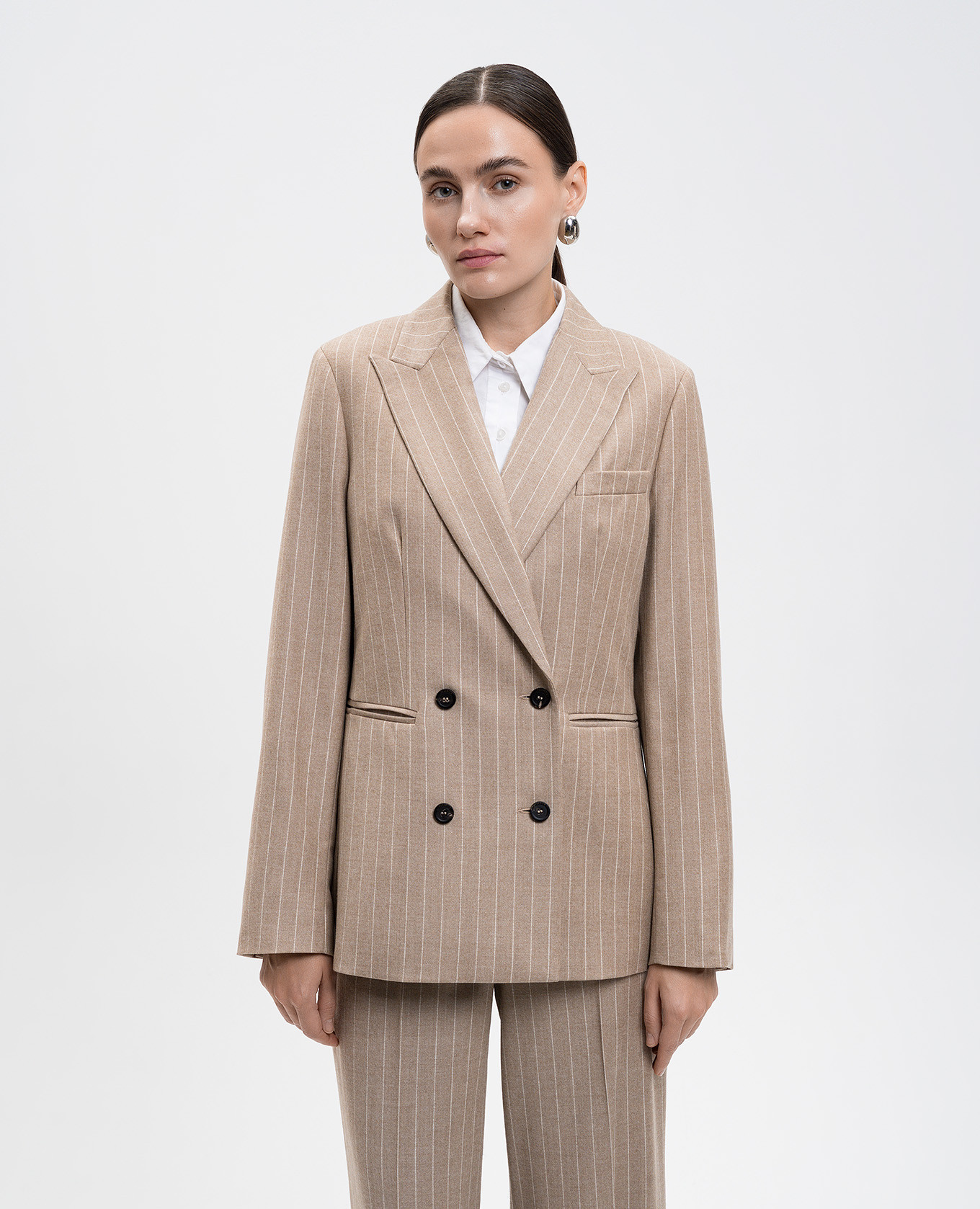 

Beige double-breasted striped wool jacket Peserico