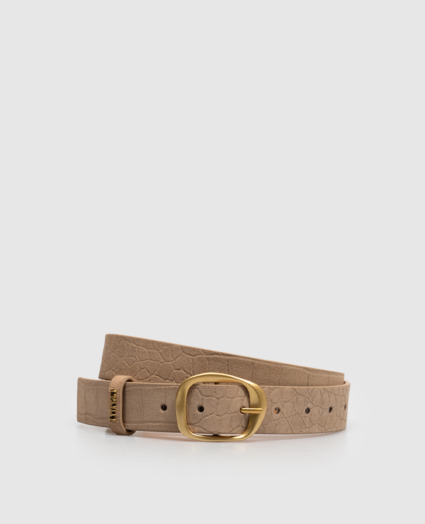 Beige suede belt with crocodile embossed pattern