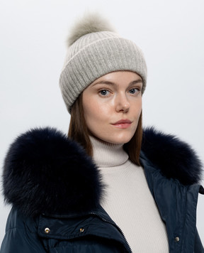 Yves Salomon Gray cashmere hat with fox fur pompom 23WAA524XXMACA