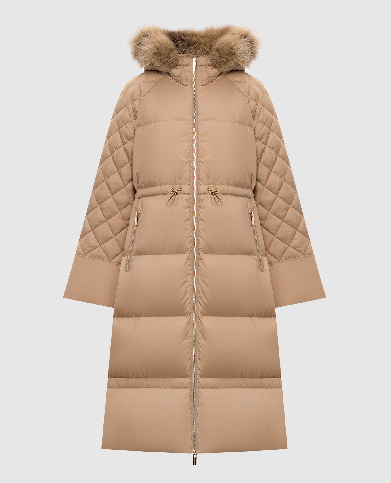 Beige down jacket with fox fur