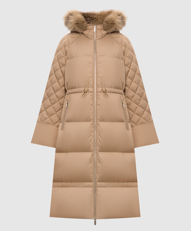 Beige down jacket with fox fur