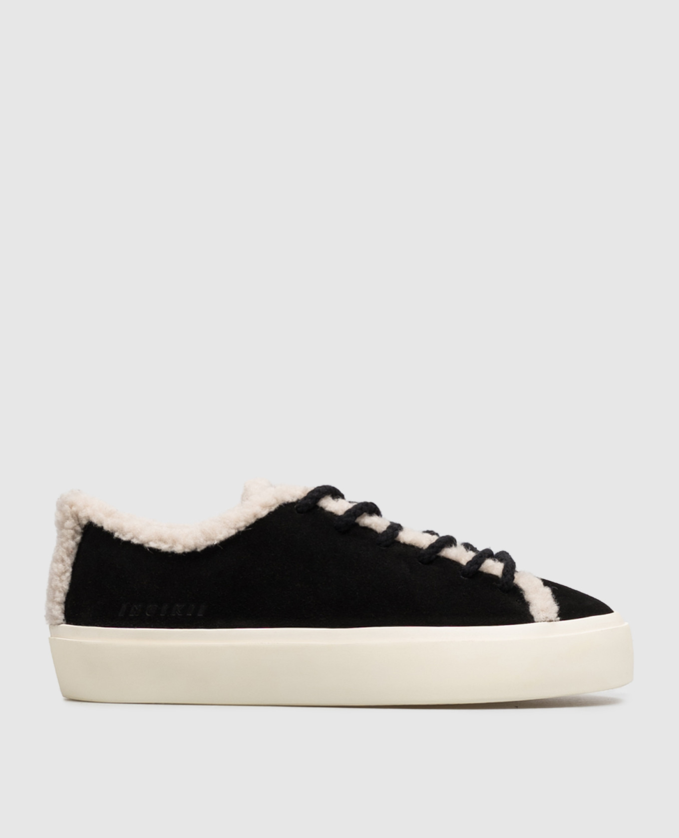 Black suede sneakers with fur trim