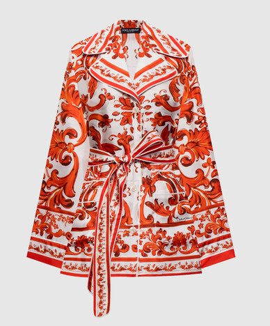 Witte zijden blouse met majolica-print.