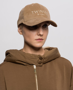 Twinset Brown corduroy cap with logo embroidery 262TA4120