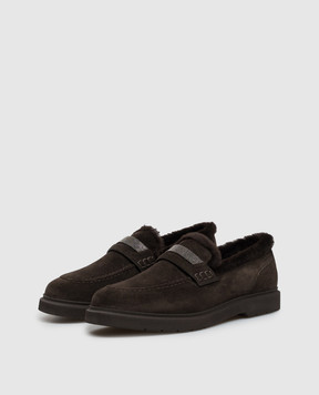 Brunello Cucinelli Brown suede loafers with fur and monil chain MZSFG2569