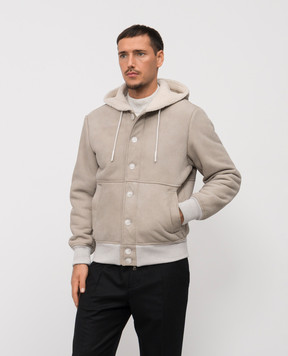 Cashmere&Whiskey Beige cropped sheepskin coat with hood DF901