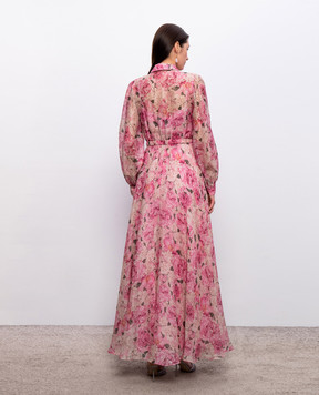 Nissa Pink floral print linen and silk dress RC16551