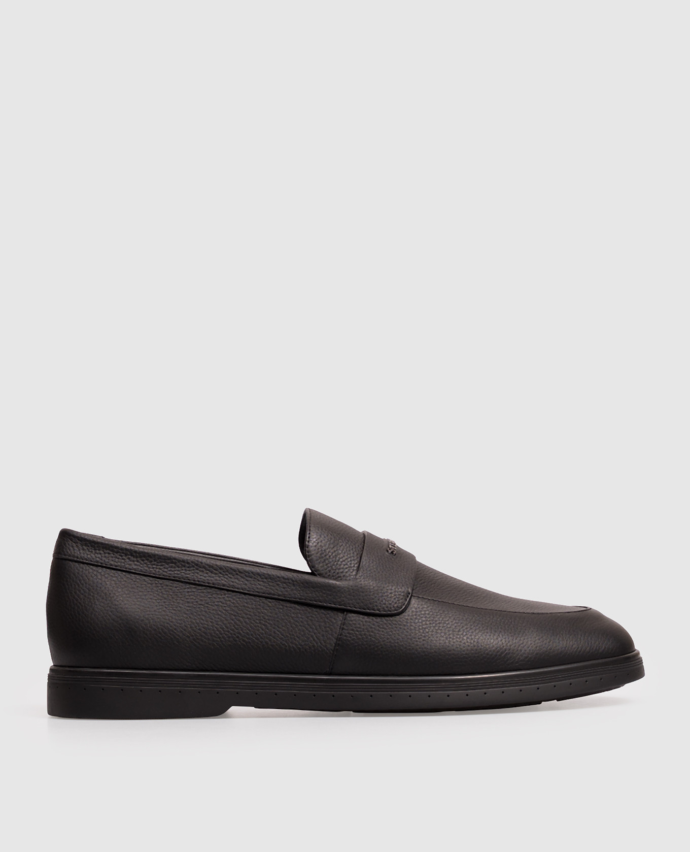 Black leather loafers with textured logo
