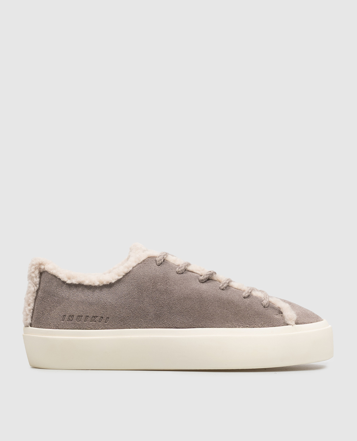 Gray suede sneakers with fur