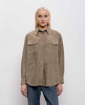 Brunello Cucinelli Khaki suede shirt with monil chain MPCAL7436