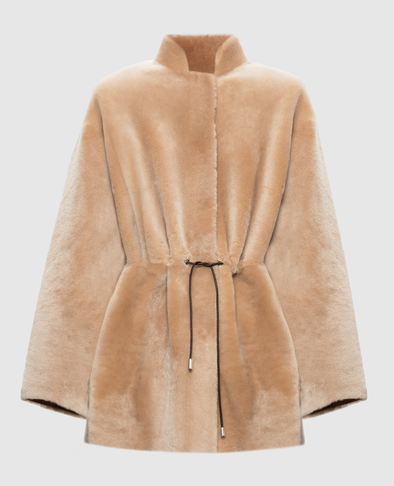 Beige reversible sheepskin coat with drawstring
