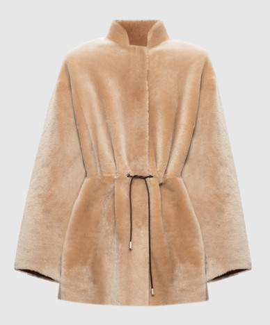 Beige reversible sheepskin coat with drawstring