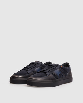Santoni Blue leather sneakers with textured logo MBGT22221OCNTGEU