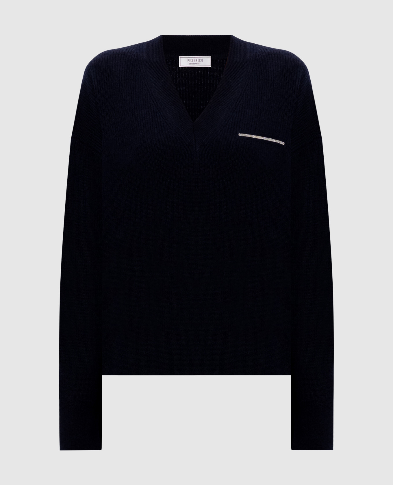 Blue wool, silk and cashmere pullover with monil chain