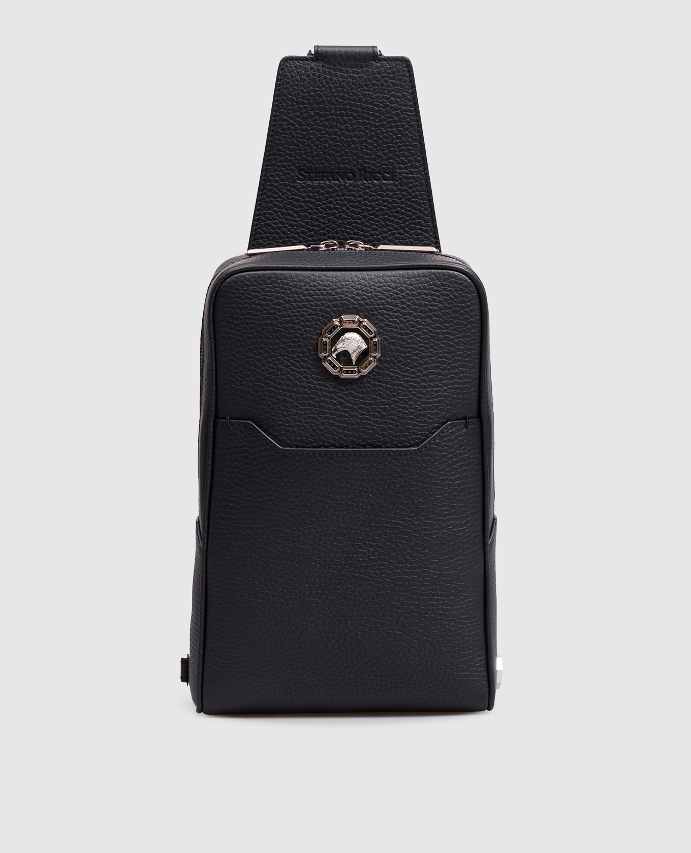 Navy blue leather sling bag with emblem