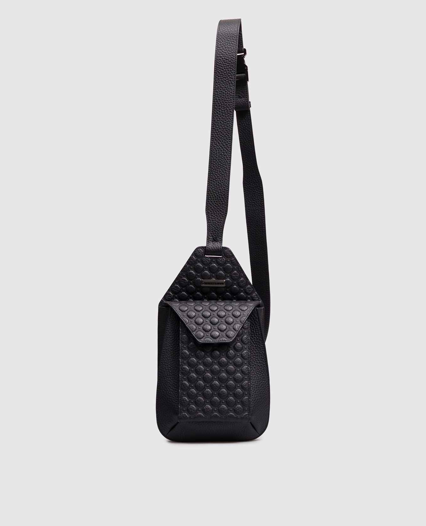 Blue leather sling bag with metal logo