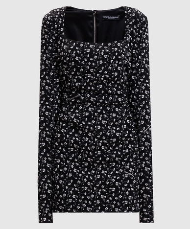 Schwarzes Minikleid aus bedruckter Seide