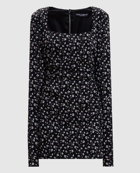 Dolce&Gabbana Black mini dress with printed silk F633ATFSAE5
