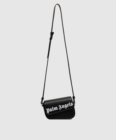 Black leather cross-body bag with logo print