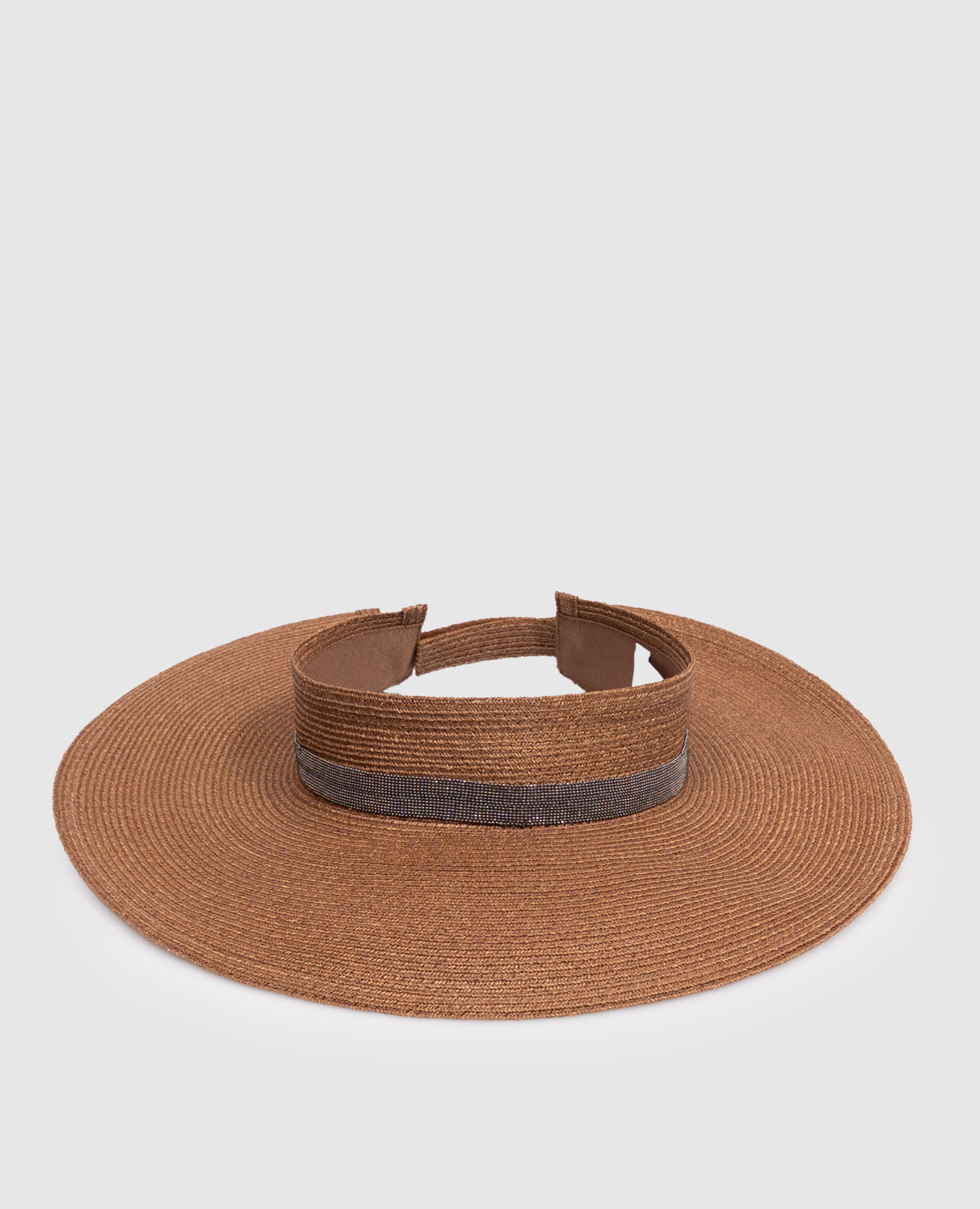 Brown peaked hat with monil chain
