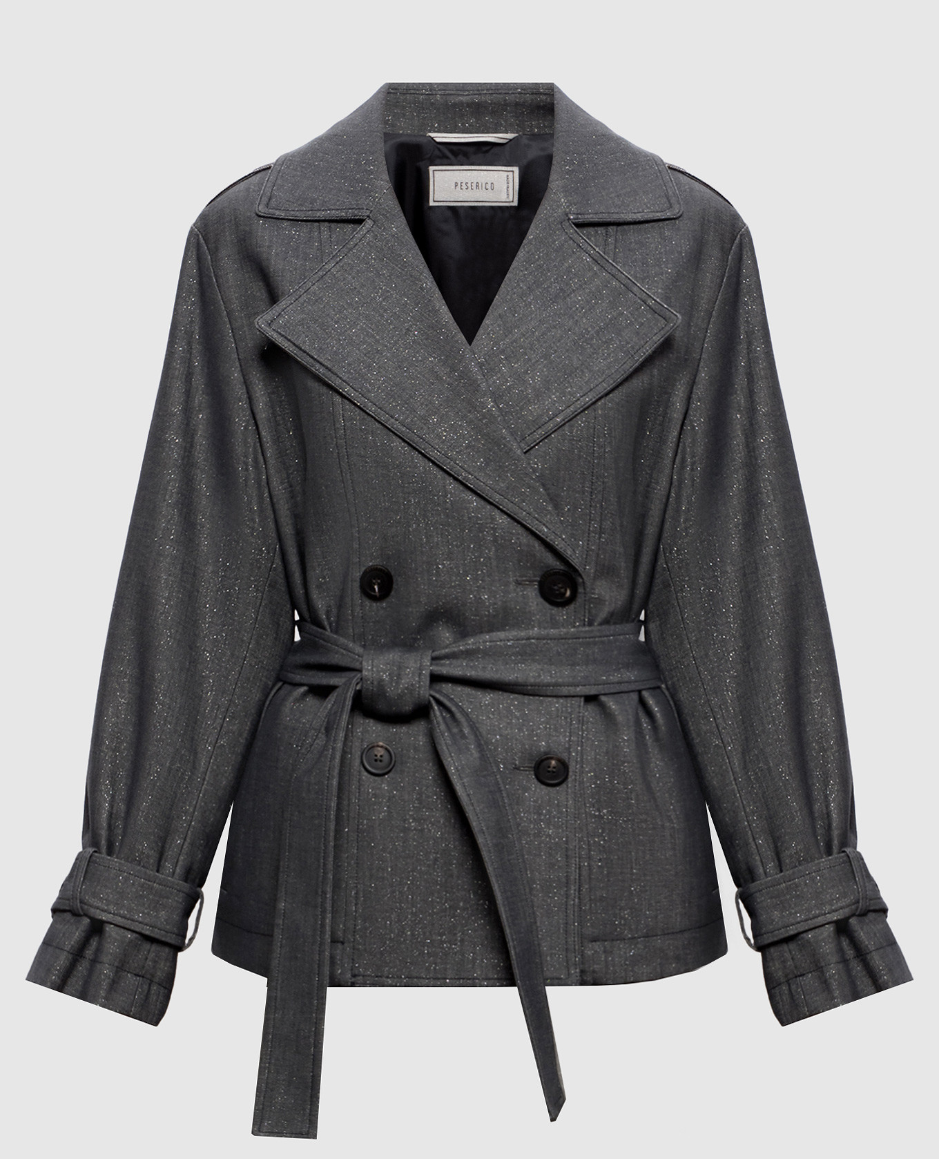 Gray cropped trench coat with lurex