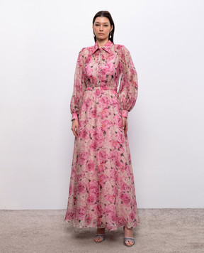 Nissa Pink floral print linen and silk dress RC16551